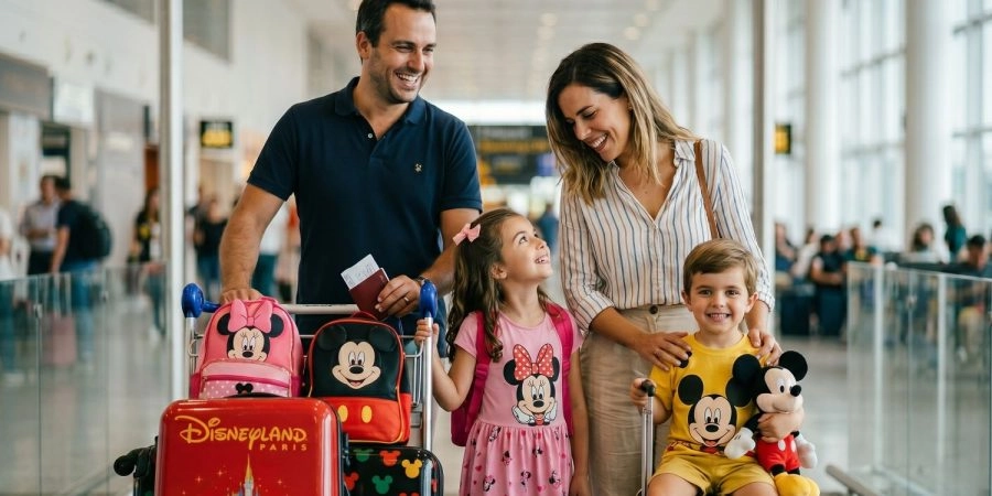 Familia con niños en el aeropuerto CDG antes de llegar a Disneyland® Paris