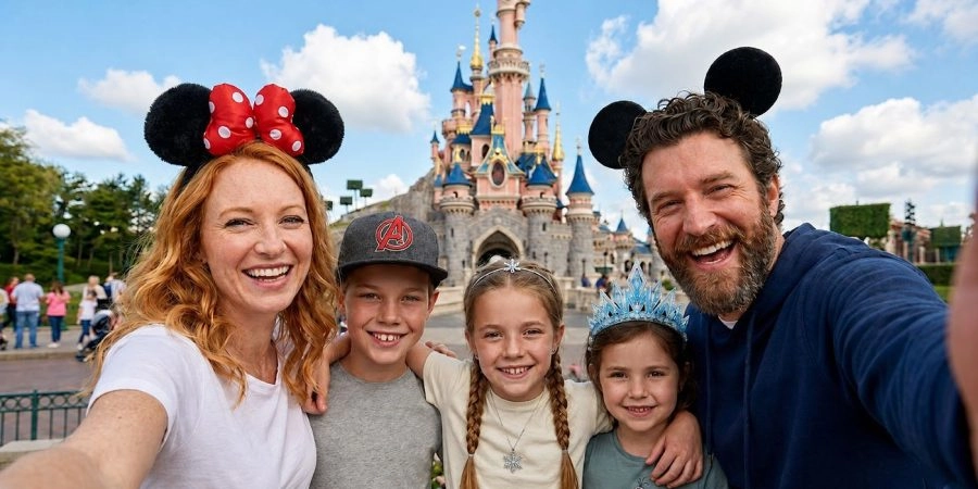 Familia en Disneyland® Paris después de un trayecto desde los aeropuertos de París.