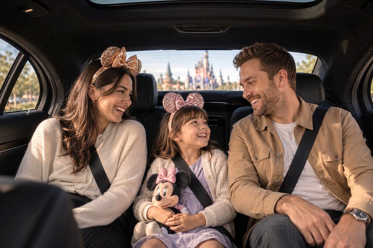 Familia feliz a bordo de un coche prémium Magical Shuttle Private en dirección a Disneyland Paris, con una niña en el centro que lleva unas orejas de Minnie y sostiene un peluche.