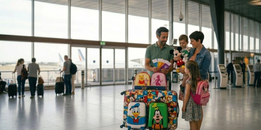 Familia en el aeropuerto con equipaje para llegar a Disneyland® Paris desde Orly